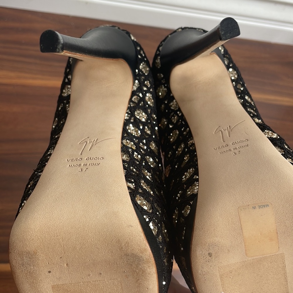 Giuseppe Zanotti Black Sharon Glitter And Lace Peep Toe Platform Pumps Size 37 - Picture 9 of 13